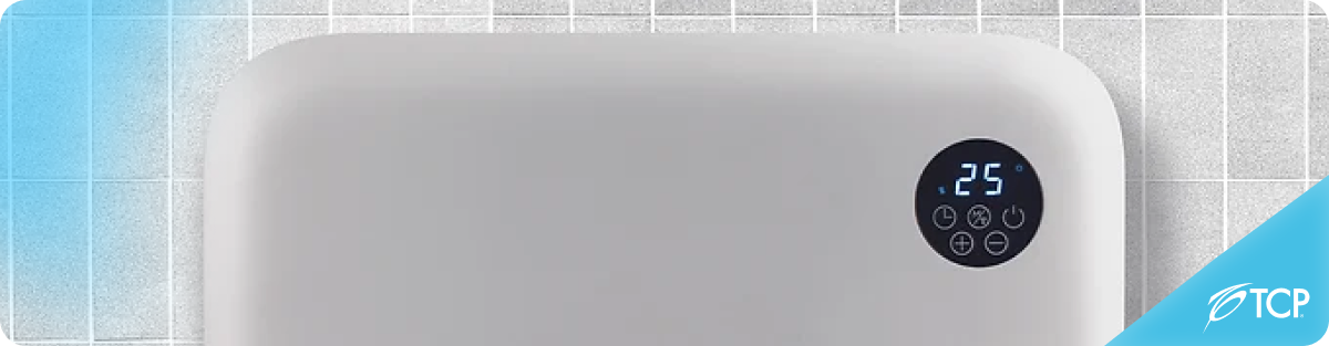A white wall mounted heating panel