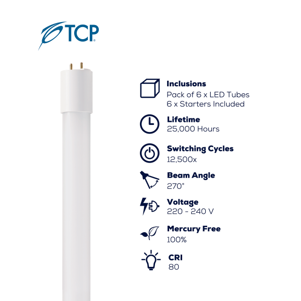 TCP 6 x LED T8 Tube Light, 800 Lumens, Cool White, 600mm in Length with starters included - Image 2