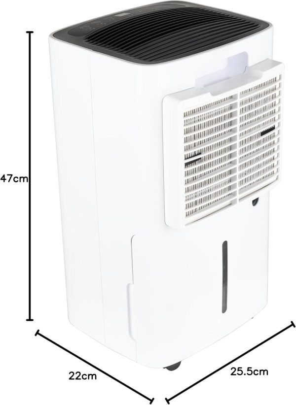 A TCP smart 12 litre wifi dehumidifier with the measurements for the height, width and length
