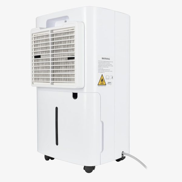 The back view of a 12 Litre dehumidifier with wheels