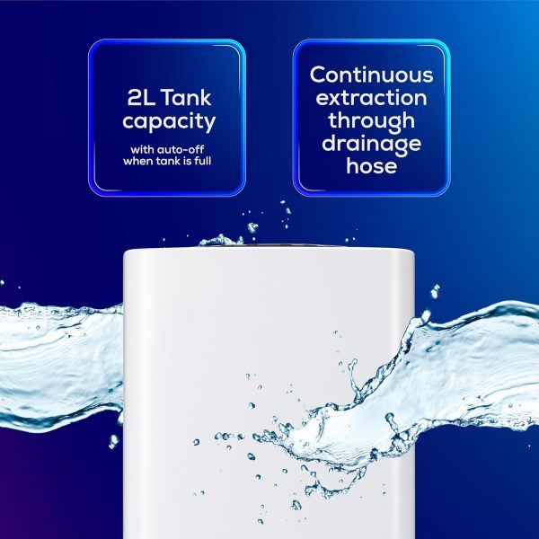 A white smart TCP 12L wifi dehumidifier in a blue background with splash of water in front and behind it