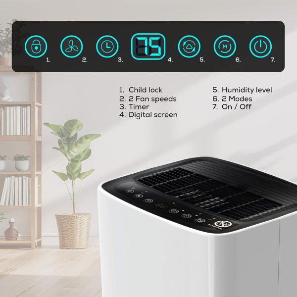 The top view of the 12 litre dehumidifier showing the differrent control panels and battery percentage