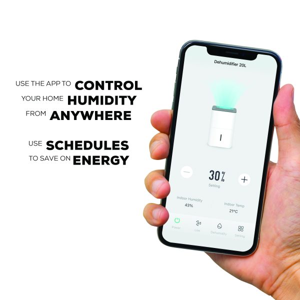 A hand holding a mobile phone with the 20l dehumidifier app displayed
