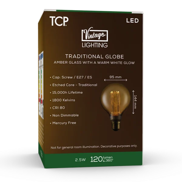 TCP LED Vintage Decorative Large Globe Amber Light Bulb BC - Image 3