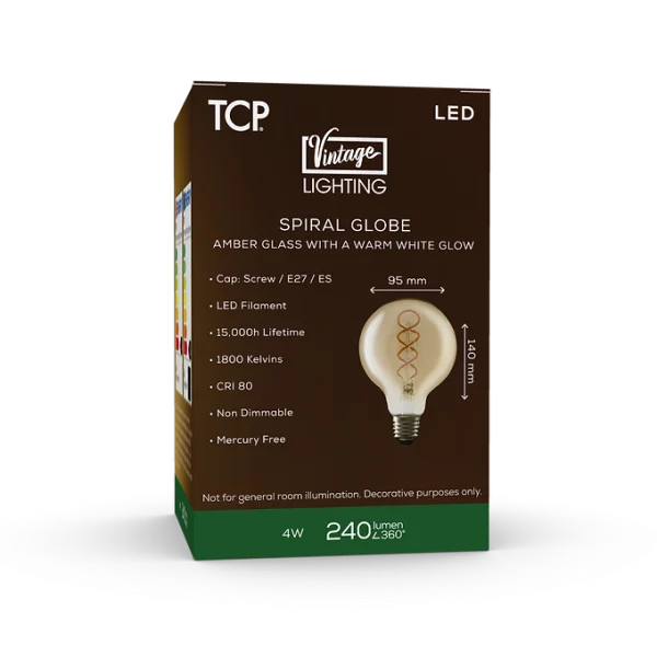 TCP LED Vintage Decorative Spiral Filament Amber Large Globe ES - Image 3