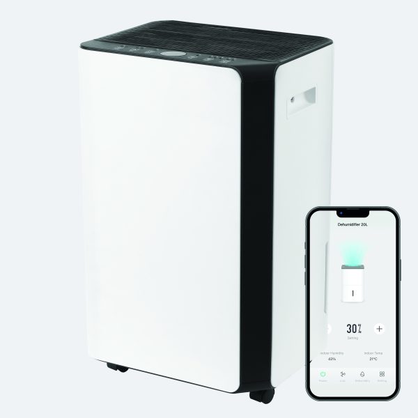 The smart 20l wifi dehumidifier and a mobile phone with the app that controls the dehumidifier in display