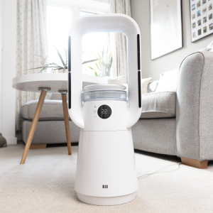 A white TCP air circulator with heating, cooling, dehumidifier and air purifier