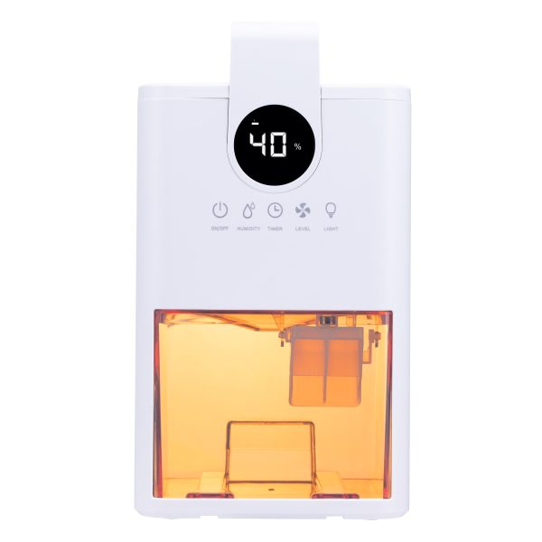 A white mini dehumidifier showing the colour orange with a battery percentage of 40