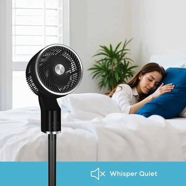 woman sleeping on a bed behind a white quiet, powerfl cooling pedestal fan