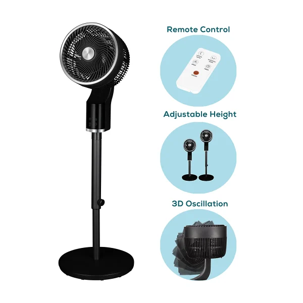 TCP Black Pedestal Fan, Quiet, Powerful Cooling with 3D Oscillation, Remote Control & Adjustable Height for Home or Office Use