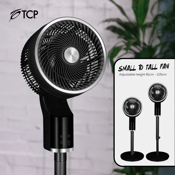TCP Black Pedestal Fan, with 3D Oscillation, Remote Control & Adjustable Height