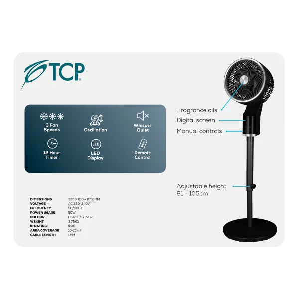 TCP Black Pedestal Fan, Quiet, Powerful Cooling with 3D Oscillation, Remote Control & Adjustable Height for Home or Office Use - Image 6