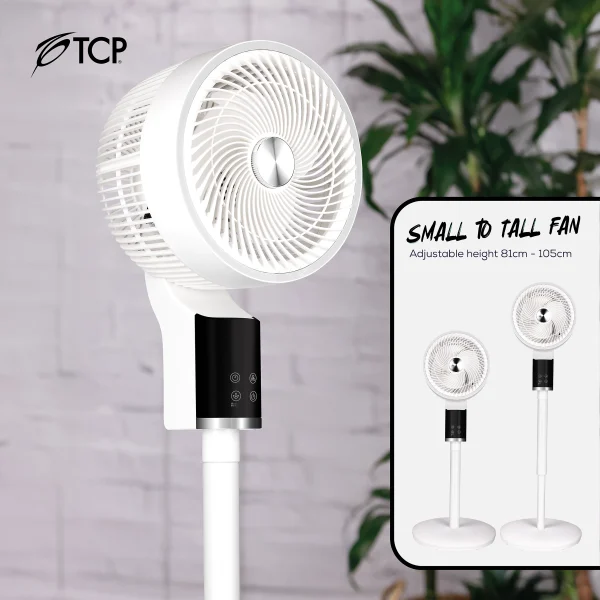 A white TCP pedestal fan with 3d oscillation standing in a room
