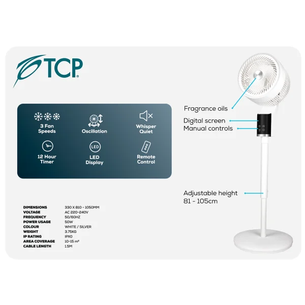 TCP White Pedestal Fan, Quiet, Powerful Cooling with 3D Oscillation, Remote Control & Adjustable Height for Home or Office Use - Image 6