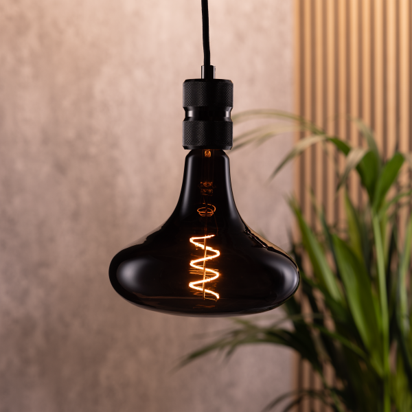 A TCP black twist short horn decorative bulb, hanging in the sitting room
