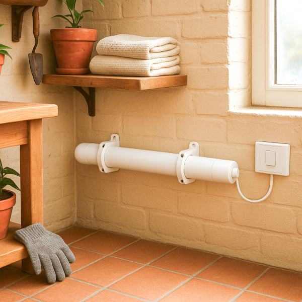 TCP 60W 1ft White Tube Heater with Built-in Thermostat, Ideal for Greenhouses, Garages, Sheds, Conservatories & Utility Rooms