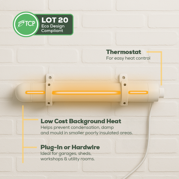 TCP 60W 1ft White Tube Heater with Built-in Thermostat, Ideal for Greenhouses, Garages, Sheds, Conservatories & Utility Rooms - Image 2
