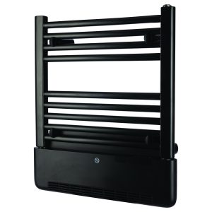 TCP 2-N-1 300W Black Electric Towel Rail with 1000W Fan Heater, Ideal for Bathrooms, En-Suites and Small Kitchens