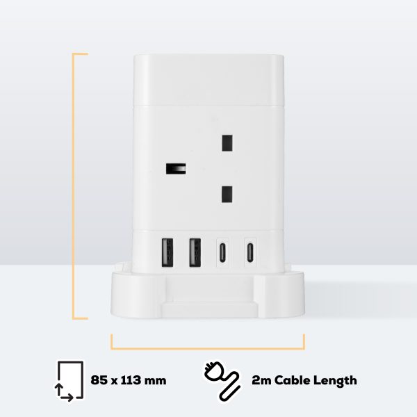 TCP 4 AC Socket Tower Cube Extension Lead with 2 USB-A ports, and 2 USB-C ports - Image 5