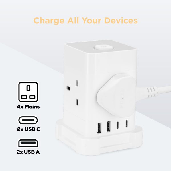 TCP 4 AC Socket Tower Cube Extension Lead with 2 USB-A ports, and 2 USB-C ports - Image 4