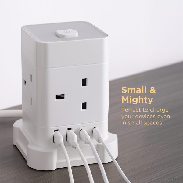 TCP 4 AC Socket Tower Cube Extension Lead with 2 USB-A ports, and 2 USB-C ports - Image 2