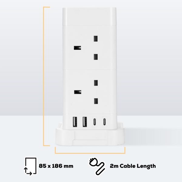 TCP 8 AC Socket Tower Cube Extension Lead with 2 USB-A ports, and 2 USB-C ports - Image 5