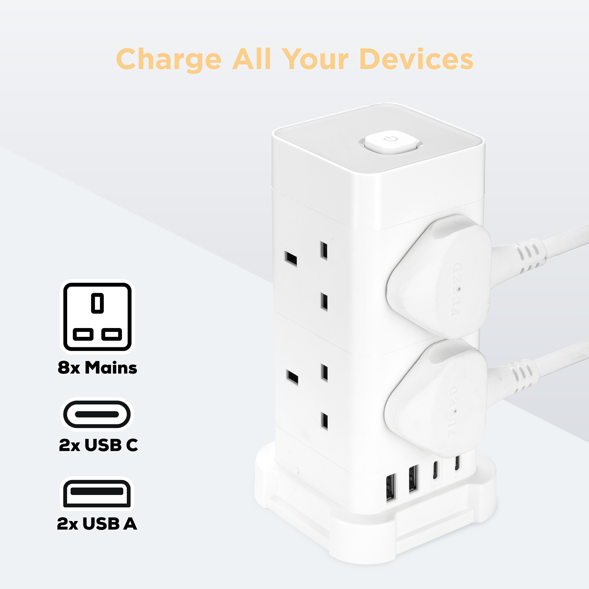TCP 8 AC Socket Tower Cube Extension Lead with 2 USB-A ports, and 2 USB-C ports - Image 4