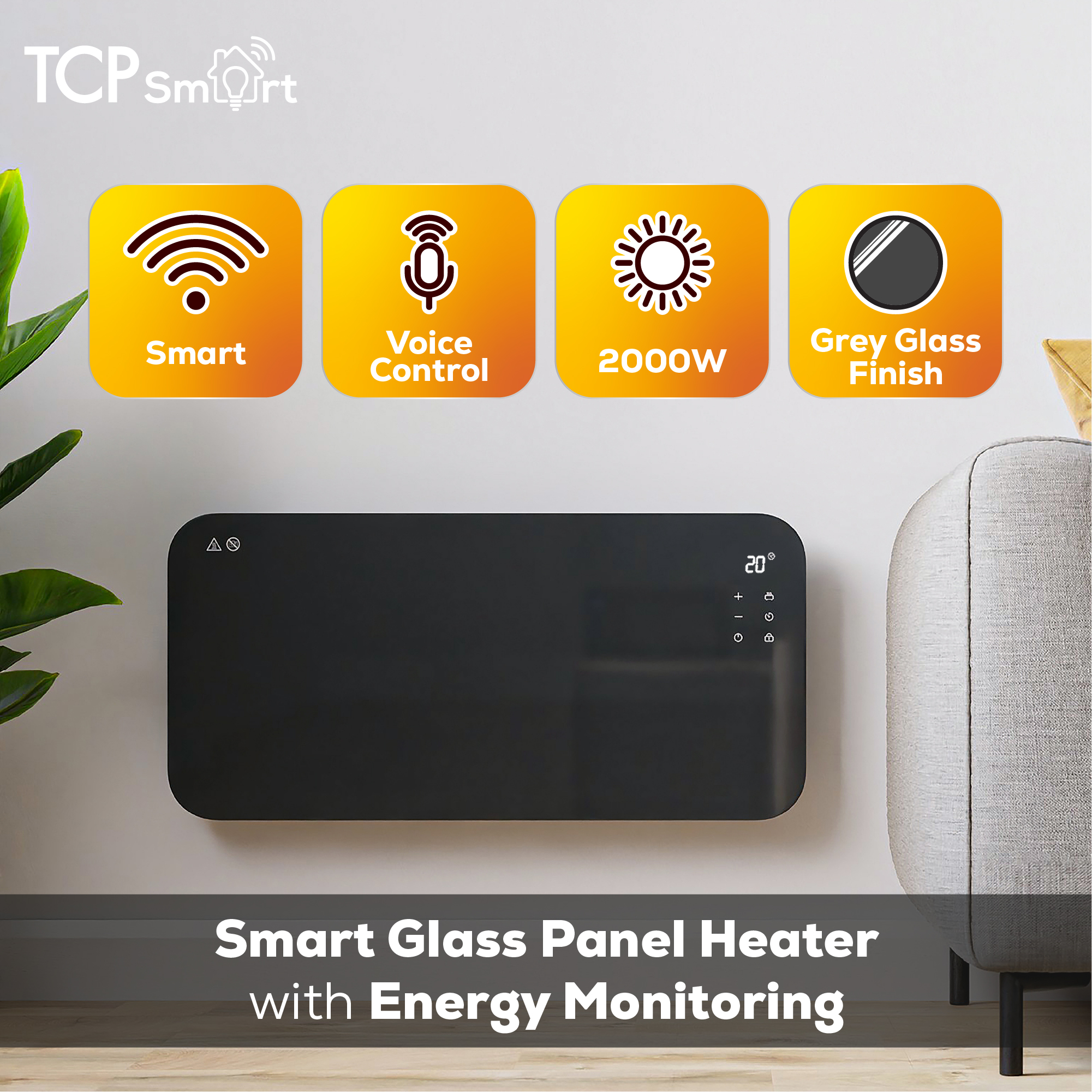 TCP Smart 2000W Glass Panel Heater Charcoal Grey with Energy Monitoring - Image 3