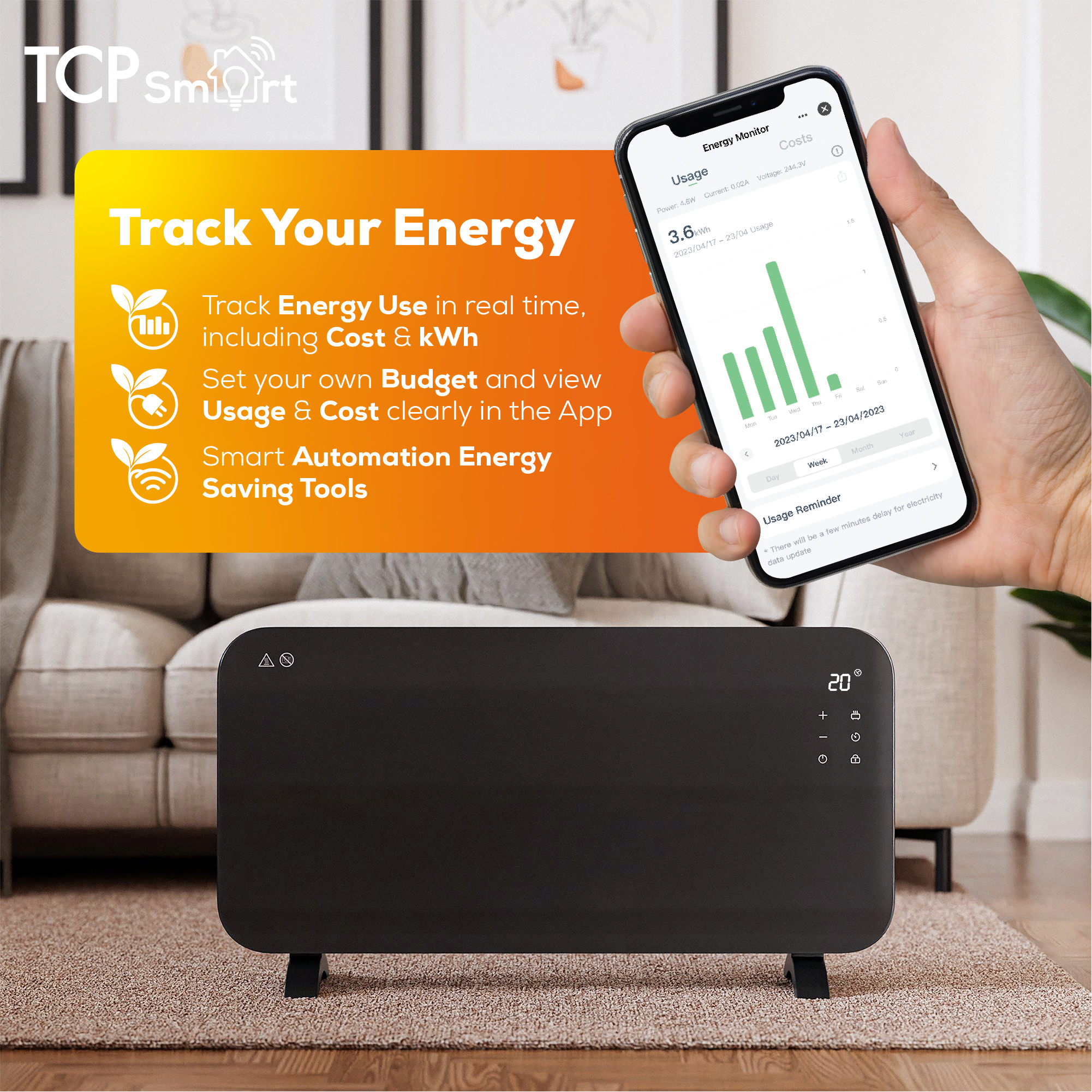 TCP Smart 2000W Glass Panel Heater Charcoal Grey with Energy Monitoring - Image 8