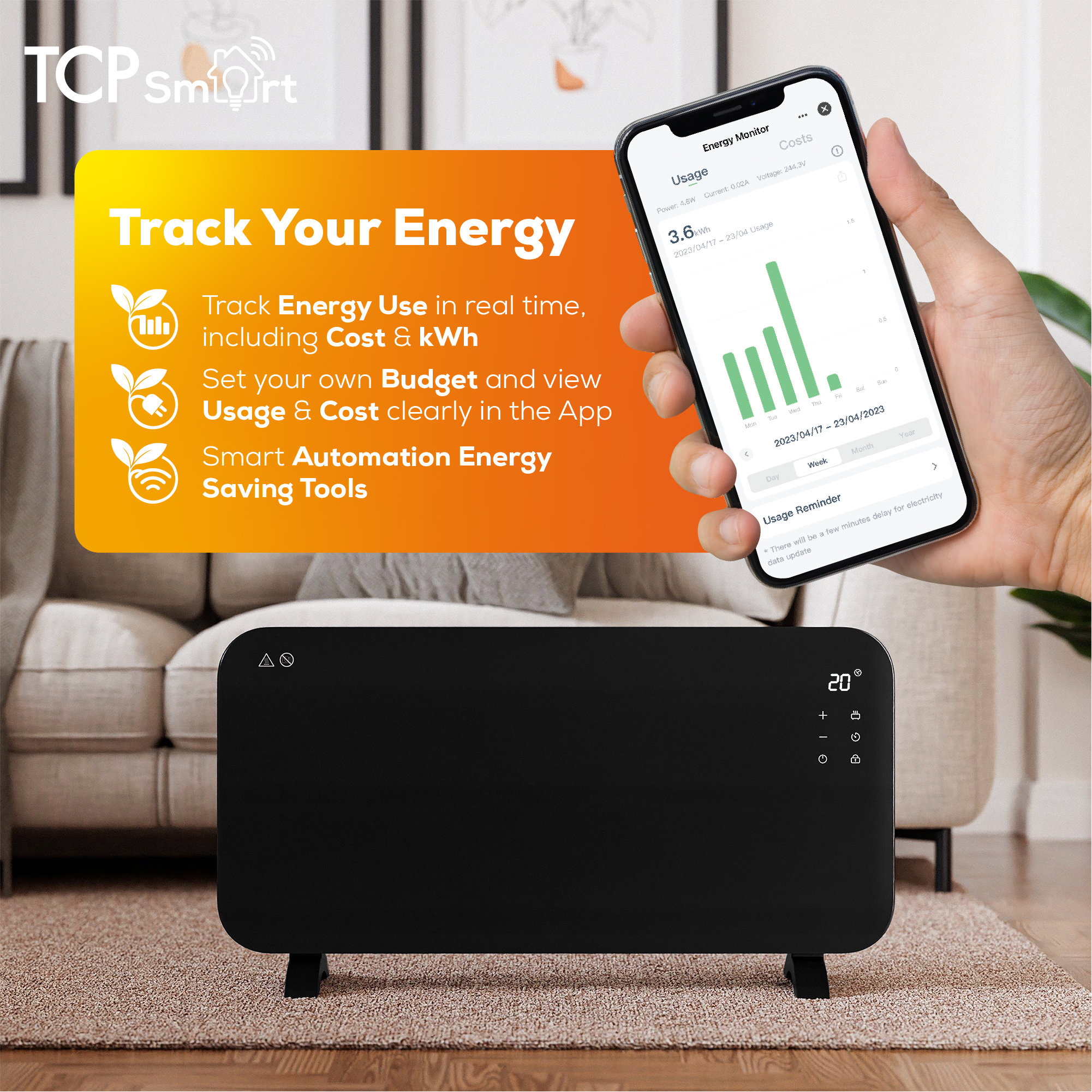 TCP Smart 2000W Glass Panel Heater Midnight Black with Energy Monitoring - Image 8